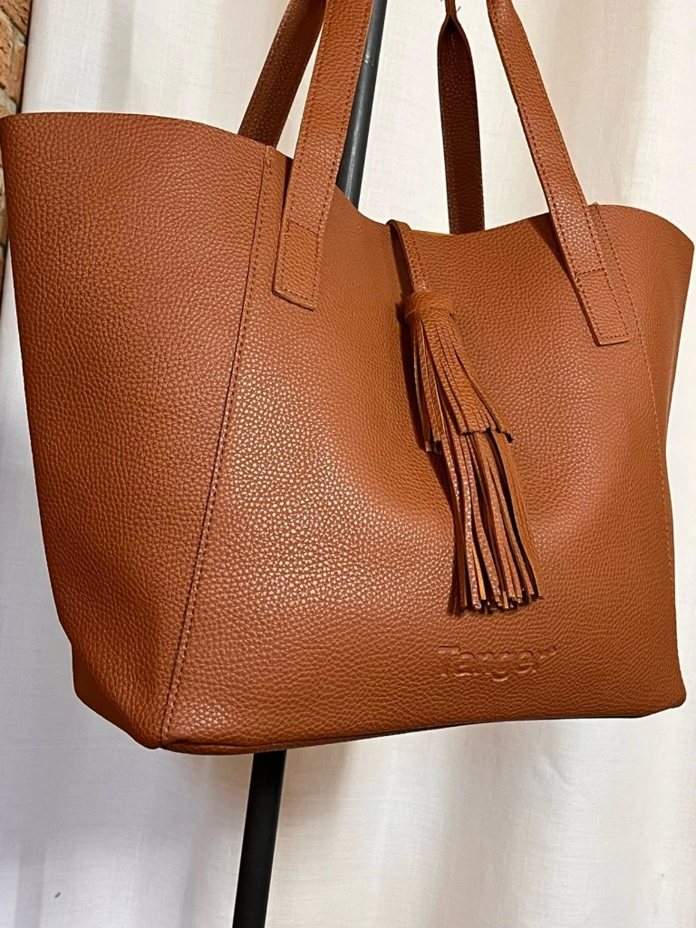 Tanger Brown Pebbled Faux Leather Tote Large Tassel Shoulder Bag 15” NWOT - Picture 2 of 8